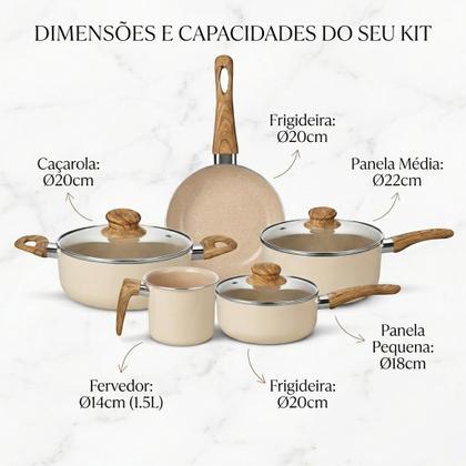 Imagem de Kit Jogo 5 Peças Panelas Fogão Indução Elétrico Gás Conjunto Revestimento Cerâmico Alumínio Antiaderente Tampa Vidro Cabo Madeira Cor Creme Tippi