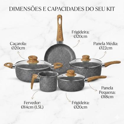 Imagem de Kit Jogo 5 Peças Panelas Fogão Indução Elétrico Gás Conjunto Revestimento Cerâmico Alumínio Antiaderente Tampa Vidro Cabo Madeira Cor Granito Tippi