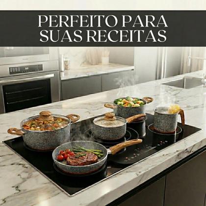 Imagem de Kit Jogo 5 Peças Panelas Fogão Indução Elétrico Gás Conjunto Revestimento Cerâmico Alumínio Antiaderente Tampa Vidro Cabo Madeira Cor Granito Tippi