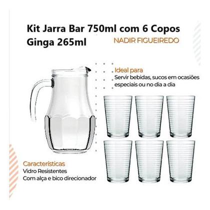 Imagem de Kit Jogo 6 Copos Com Jarra Vidro Água Refrigerante Nadir Figueiredo