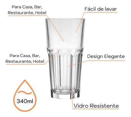Imagem de Kit Jogo 6 Copos De Vidro Grosso Resistente 340ml Suco Agua Casa Bar Restaurante Buffet Hotel