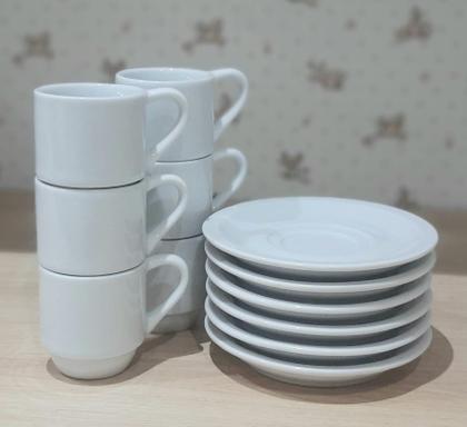 Imagem de Kit Jogo 6 xícaras café hotel 80ml empilháveis com pires  - Porcelana branca