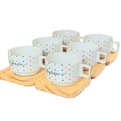 Imagem de Kit Jogo 6 Xícaras de Café e Chá com Pires Empilháveis de Porcelana - 200ml