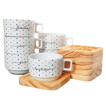 Imagem de Kit Jogo 6 Xícaras de Café e Chá com Pires Empilháveis de Porcelana - 200ml