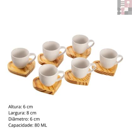Imagem de Kit Jogo 6 Xícaras de Café Em Porcelana Com Pires Coração Em Madeira Pinus