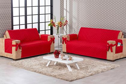 Imagem de kit Jogo capa protetora de sofá face unica 2 e 3 lugares com laço e porta objetos vermelho
