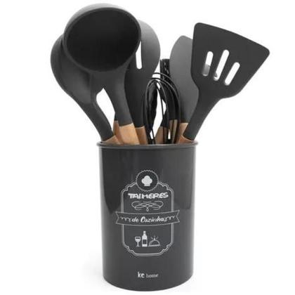Imagem de Kit jogo com 12 Peças utensílios colheres Silicone Cabo de Madeira Antiaderente