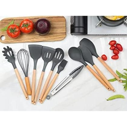 Imagem de Kit jogo com 12 Peças utensílios colheres Silicone Cabo de Madeira Antiaderente