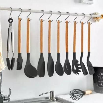 Imagem de Kit jogo com 12 Peças utensílios colheres Silicone Cabo de Madeira Antiaderente