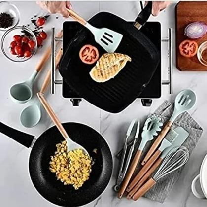 Imagem de Kit jogo com 12 Peças utensílios colheres Silicone Cabo de Madeira Antiaderente