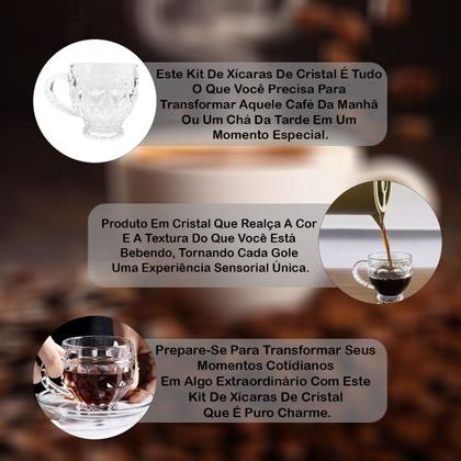 Imagem de Kit Jogo Com 6 Xícaras De Cristal Transparente Café Expresso Coffee Time Design Em Alto Relevo