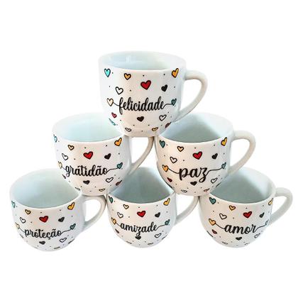 Imagem de Kit Jogo Conjunto 6 Xícaras de Café e Chá 170ml - Porcelana Branca com Decoração
