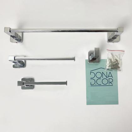 Imagem de Kit Jogo De Acessórios Banheiro Metal Inox Cromado Toalheiro Reto Suporte De Parede Quadrado Porta Toalha De Banho 40cm Gancho Papeleira Metal Inox