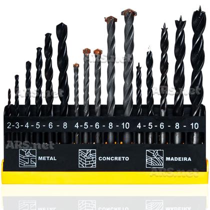 Imagem de Kit Jogo De Brocas Para Madeira Concreto E Aço De 2 a 10mm 16 Peças Profissional