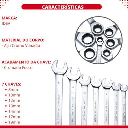 Imagem de Kit Jogo De Chave Combinada Com Catraca Boca Estrela Profissional 8-19mm 7 Peças