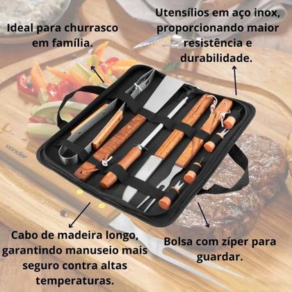 Imagem de Kit Jogo De Churrasco 10 Peças Inox Dia Dos Pais Aniversário Presente Completo Faca Garfo Maleta