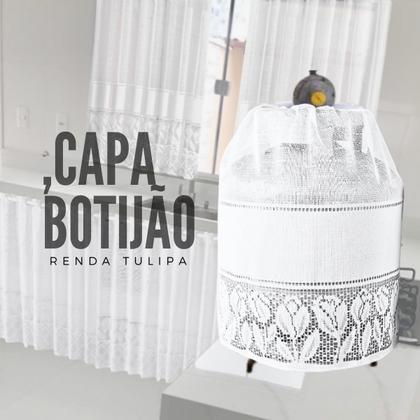 Imagem de Kit Jogo de Cozinha 5 Peças Capa Botijão Galão Trilho de Mesa e Toalha de Chá Puxa Saco Renda Desenho Tulipa Branca