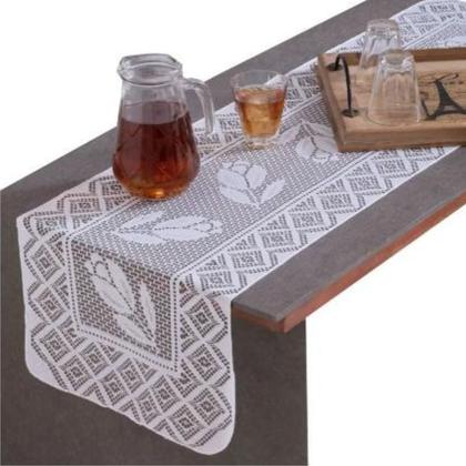 Imagem de Kit Jogo de Cozinha 5 Peças Capa Botijão Galão Trilho de Mesa e Toalha de Chá Puxa Saco Renda Desenho Tulipa Branca