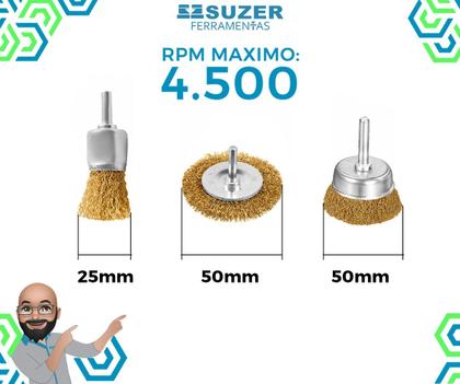 Imagem de Kit Jogo de Escova Circular de Aço Carbono 3 Peças 1 Plana 50 Mm 2 Copos 25 E 50 Mm Limpeza Ferrugem