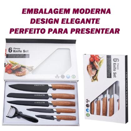 Imagem de Kit Jogo de Facas 6pcs Profissional Cozinha Chef + Afiador de Faca e Amolador Tesouras