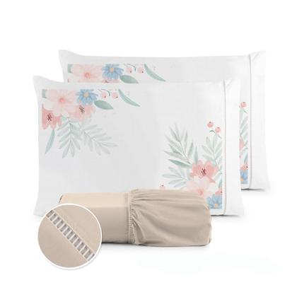 Imagem de Kit Jogo de Lençol Solteiro Micropercal 400 Fios Ponto Palito Flor Rosê