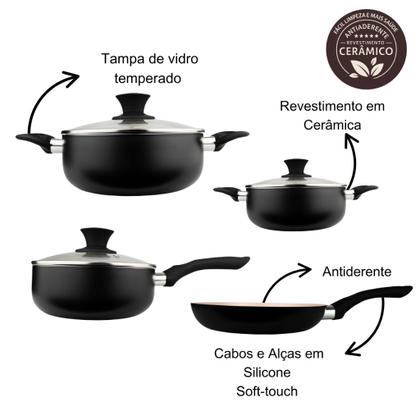 Imagem de Kit Jogo de Panela 4 Peças  Revestimento Cerâmico Antiaderente Preto Monaco