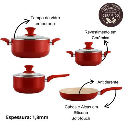 Imagem de Kit Jogo de Panela 4 Peças  Revestimento Cerâmico Antiaderente Veneza Vermelho