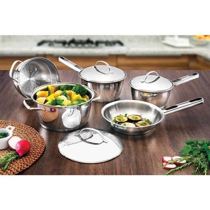 Imagem de Kit Jogo de Panelas Tramontina Allegra em Aço Inox com Fundo Triplo e Tampas de Inox 10 Peças