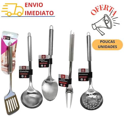 Imagem de Kit Jogo de Utensílios de Inox com 5 pçs Colher Concha Espátula Vazada Garfo Escumadeira