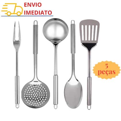 Imagem de Kit Jogo de Utensílios de Inox com 5 pçs Colher Concha Espátula Vazada Garfo Escumadeira