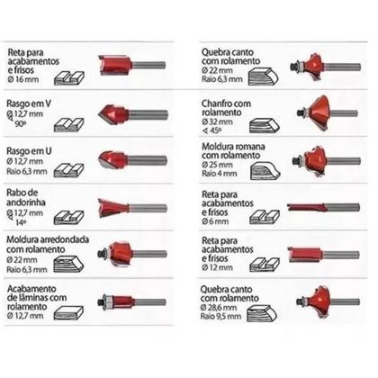 Imagem de Kit Jogo Fresas Maleta Para Tupia Madeira 12 Peças Haste 6mm Manual Makita Bosch Importada