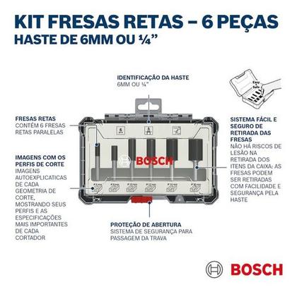 Imagem de Kit Jogo Fresas Retas Bosch Standard Encaixe 6mm 6 Peças Nf