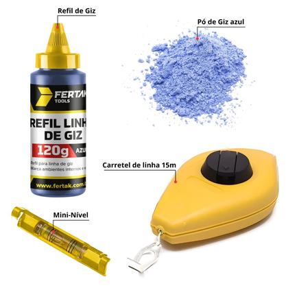 Imagem de Kit Jogo Marcação Linha Giz 15m Azul Pedreiro Gesseiro Com Nível  Fertak