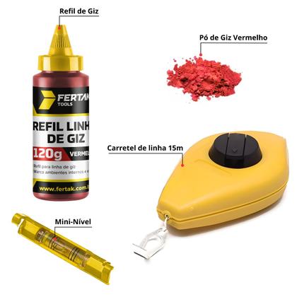 Imagem de Kit Jogo Marcação Linha Giz 15m Vermelho Pedreiro Gesseiro Com Nível + Refil Vermelho 120g