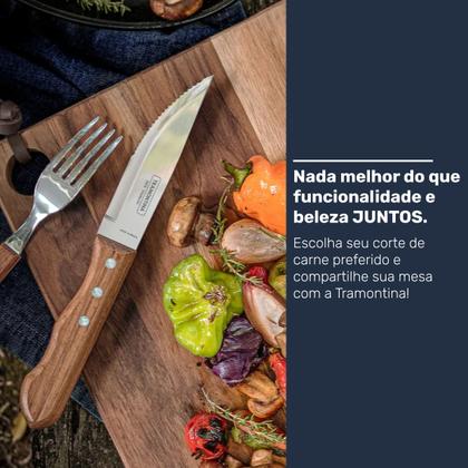 Imagem de Kit Jogo Para Churrasco Garfo e Faca Cabos de Madeira Aço Inox Tramontina 12 Peças Jumbo