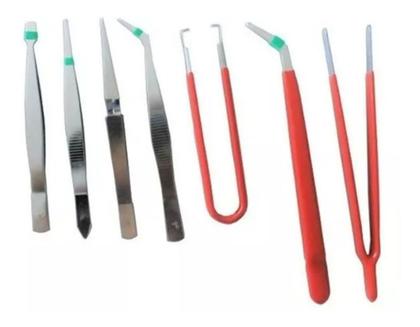 Imagem de Kit Jogo Pinças Costura E Pequenos Reparos Eletrônicos 7pçs Cor Vermelho