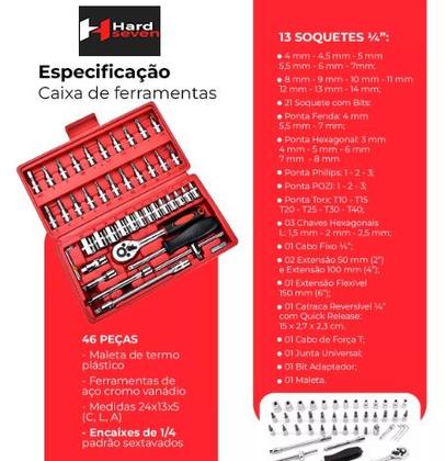 Imagem de Kit Jogo Soquete  46 Pçs Aço Crv 1/4 Catraca Chave Com Maleta Cor Vermelho