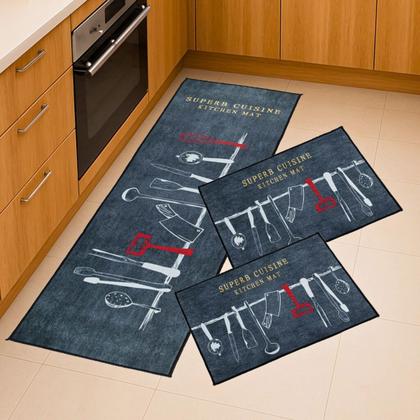 Imagem de Kit Jogo Tapete Cozinha Passadeira 3 Pçs Antiderrapante Emborrachado Macio Decoração Capacho Trilho