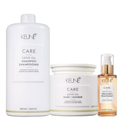 Imagem de Kit Keune Satin Oil Shampoo 1000ml + Máscara 500ml + Óleo 95ml + Válvula Pump