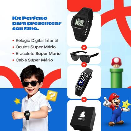 Imagem de Kit Kids Relógio Digital Infantil Quadrado e Bracelete Silicone Ajustável com Óculos de Sol UV Caixa Premium
