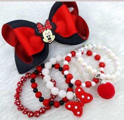 Imagem de Kit Laço de Cabelo Infantil Meninas Lacinho  + Cojunto Mix 5 Pulseiras miçangas Coloridas Princesas Disney Presente