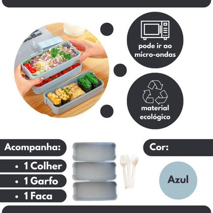 Imagem de Kit Lancheira Térmica e Pote Marmita 900ml 3 Camadas Azul Lancheira Fitness Trabalho Escola Almoço