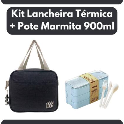 Imagem de Kit Lancheira Térmica e Pote Marmita 900ml 3 Camadas Azul Lancheira Fitness Trabalho Escola Almoço