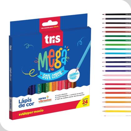 Imagem de Kit Lápis de Cor Macios Tris Mega Soft Color 24 Cores Estojo Caixa Escolar