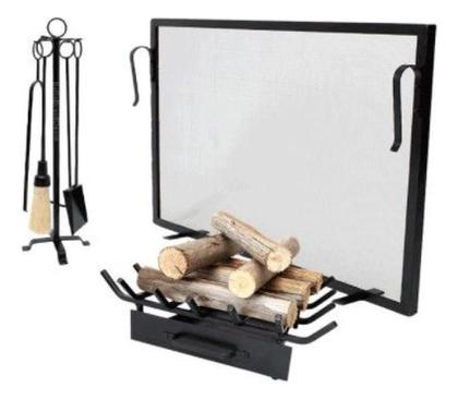 Imagem de Kit Lareira Tela 80x60, Grelha E Acessorios Argola Preto Chales e Lareiras