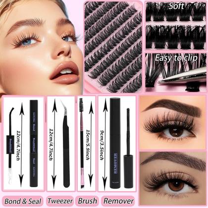 Imagem de Kit Lash Clusters, kit individual de extensão de cílios, 480 unidades de extensões de cílios postiços D Curl Flufffy Wispy, faixa fina com pinça Bond Seal, pinça, removedor de escova (kit 40D+50D, 9-16 mm)