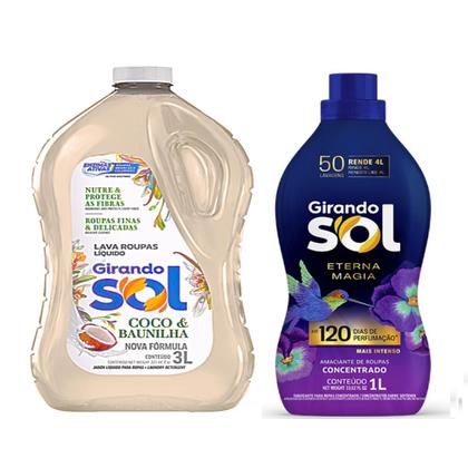 Imagem de Kit Lava Roupas 3 Litros Coco e Baunilha + Amaciante Concentrado Girando Sol 1 Lt Fragrâncias:Eterna Magia