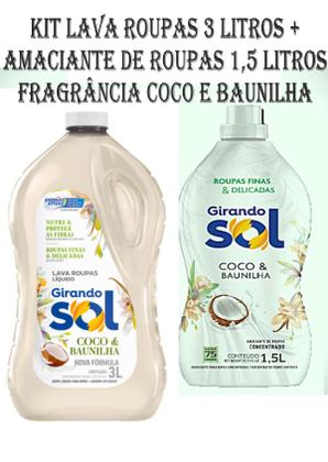 Imagem de Kit Lava Roupas 3 Litros Coco e Baunilha + Amaciante Concentrado Girando Sol 1,5 Lt