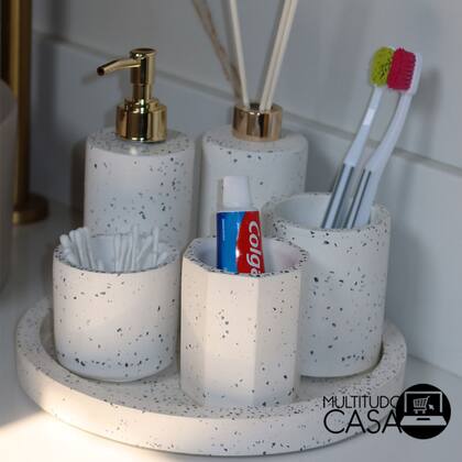 Imagem de Kit Lavabo Banheiro Com Bandeja Luxo Saboneteira Aromatizador E Porta Cotonetes Artesanal