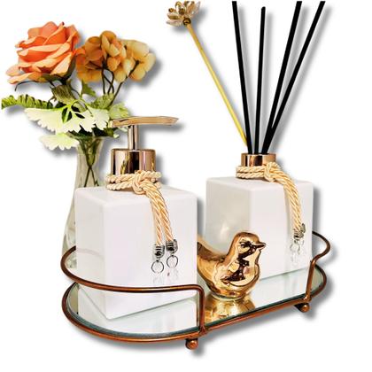 Imagem de Kit Lavabo Banheiro Com Difusor Saboneteira e Bandeja Super Luxo Branco Com Rosé